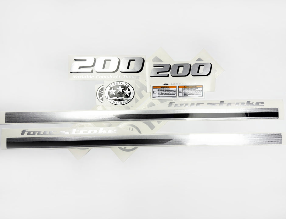 Vinyl graphic metalized silver grey shimmer decals set suitable for Yamaha 200 hp four stroke outboard engine. Vinyl stickers kit for Yamaha 200 hp four stroke Handmade