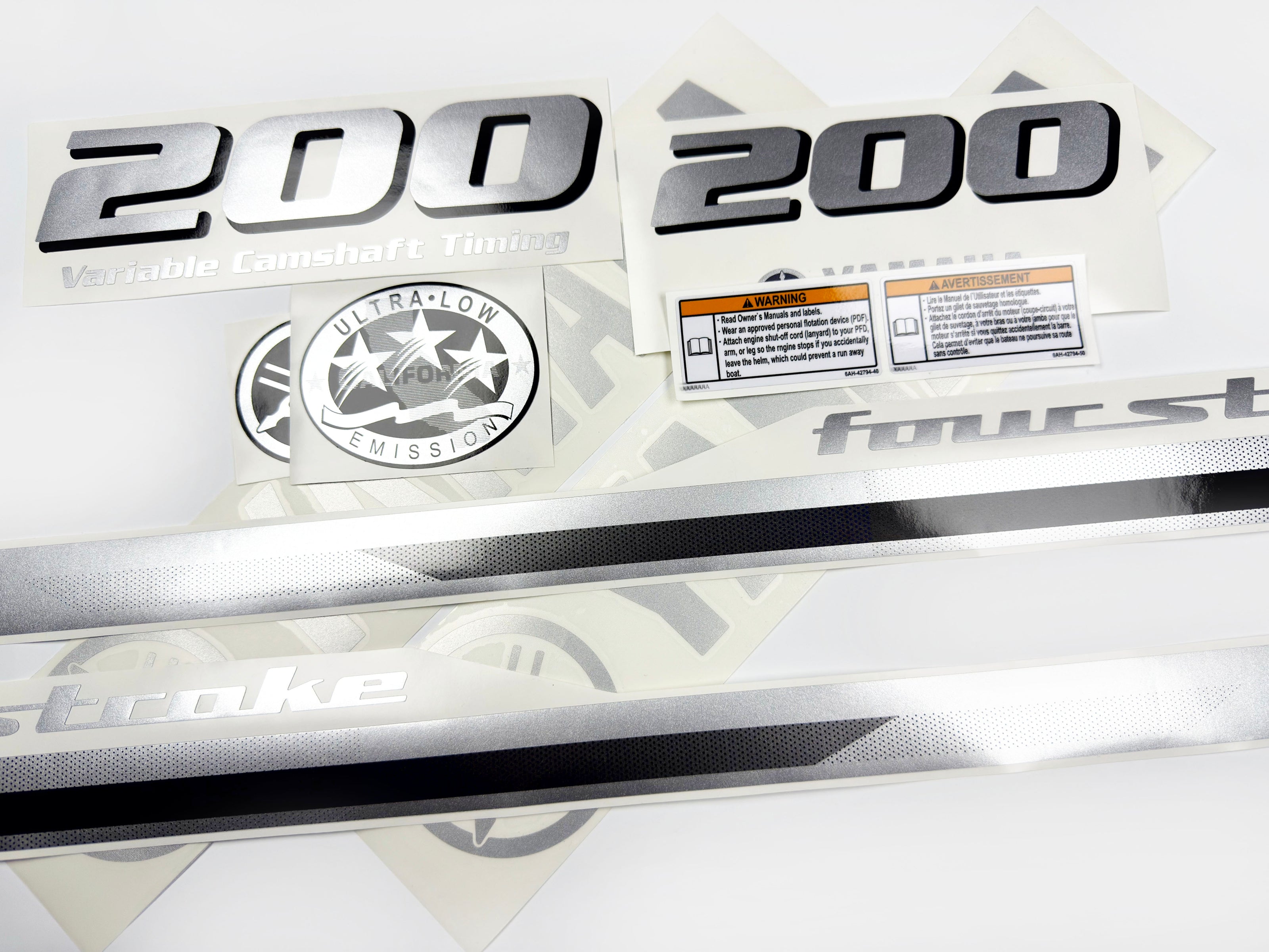 Vinyl graphic metalized silver grey shimmer decals set suitable for Yamaha 200 hp four stroke outboard engine. Vinyl stickers kit for Yamaha 200 hp four stroke Handmade