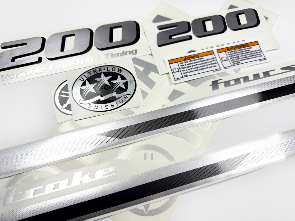 Vinyl graphic metalized silver grey shimmer decals set suitable for Yamaha 200 hp four stroke outboard engine. Vinyl stickers kit for Yamaha 200 hp four stroke Handmade