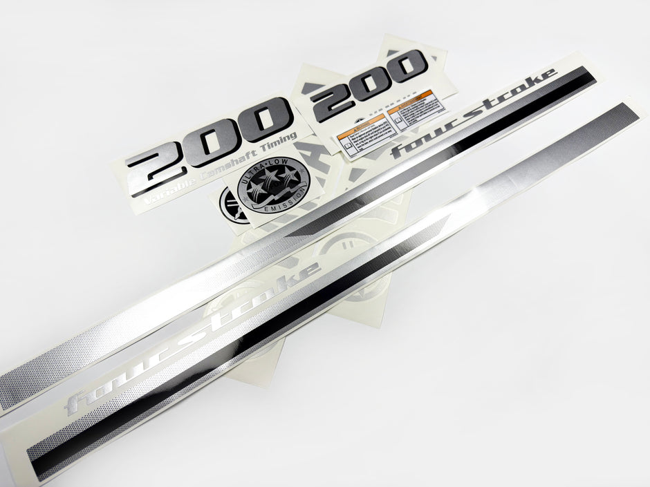 Vinyl graphic metalized silver grey shimmer decals set suitable for Yamaha 200 hp four stroke outboard engine. Vinyl stickers kit for Yamaha 200 hp four stroke Handmade