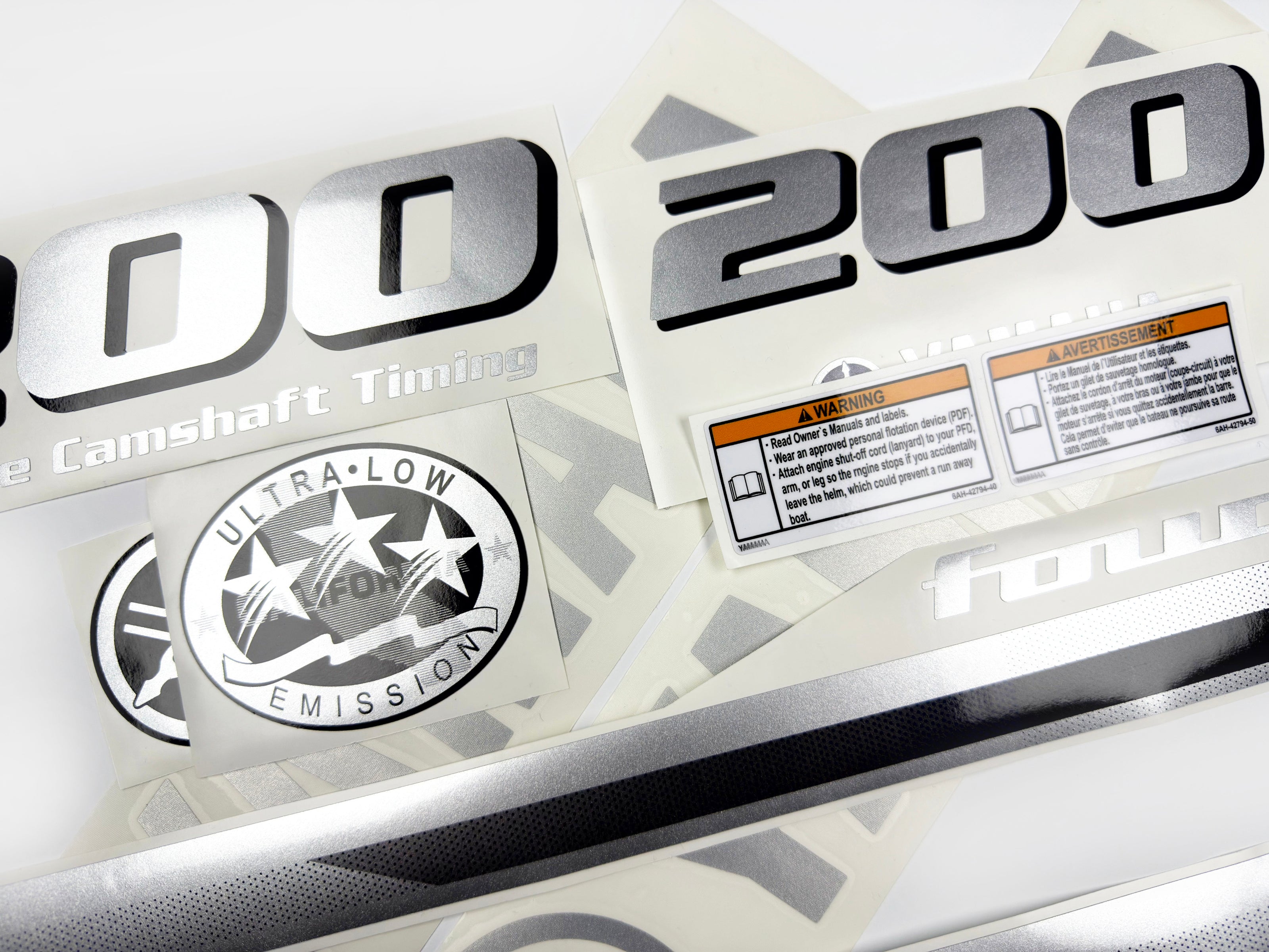 Vinyl graphic metalized silver grey shimmer decals set suitable for Yamaha 200 hp four stroke outboard engine. Vinyl stickers kit for Yamaha 200 hp four stroke Handmade