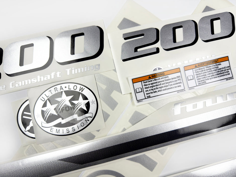 Vinyl graphic metalized silver grey shimmer decals set suitable for Yamaha 200 hp four stroke outboard engine. Vinyl stickers kit for Yamaha 200 hp four stroke Handmade