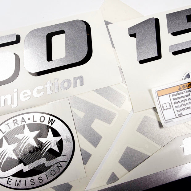 Vinyl graphic metalized silver shimmer decals set suitable for Yamaha 150 hp four stroke white cover cowling outboard engine. Vinyl stickers kit for yamaha 150 hp four stroke Handmade