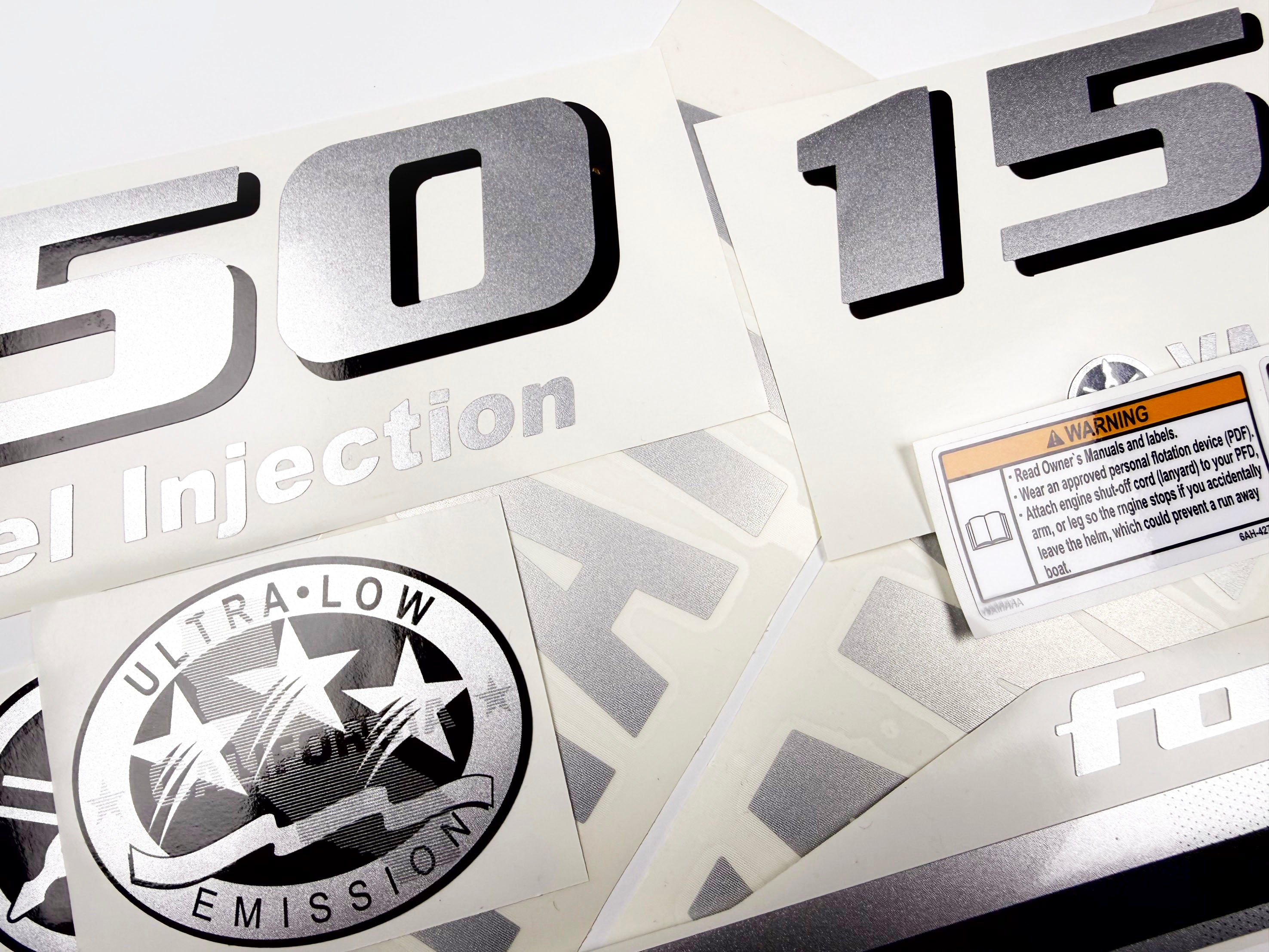 Vinyl graphic metalized silver grey shimmer decals set suitable for Yamaha 150 hp four stroke outboard engine. Vinyl stickers kit for Yamaha 150 hp four stroke Handmade