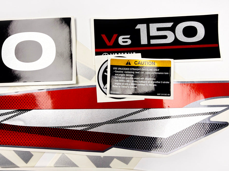 Vinyl graphic metalized silver whith red shimmer decals set suitable for Yamaha 150 hp two stroke outboard engine. Vinyl stickers kit for Yamaha 150 hp two stroke Handmade