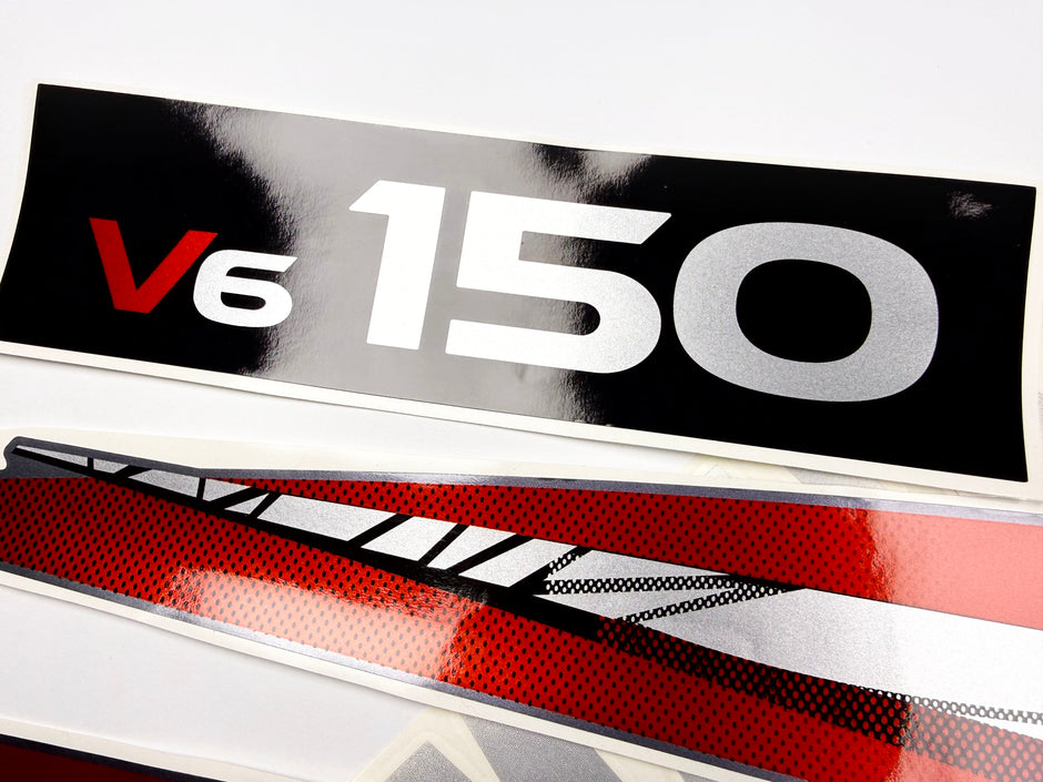 Vinyl graphic metalized silver whith red shimmer decals set suitable for Yamaha 150 hp two stroke outboard engine. Vinyl stickers kit for Yamaha 150 hp two stroke Handmade