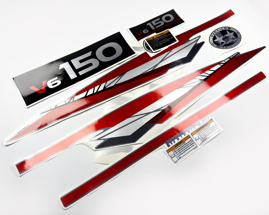 Vinyl graphic metalized silver whith red shimmer decals set suitable for Yamaha 150 hp two stroke outboard engine. Vinyl stickers kit for Yamaha 150 hp two stroke Handmade