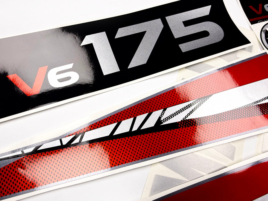 Vinyl graphic metalized silver whith red shimmer decals set suitable for Yamaha 175 hp two stroke outboard engine. Vinyl stickers kit for Yamaha 175 hp two stroke Handmade
