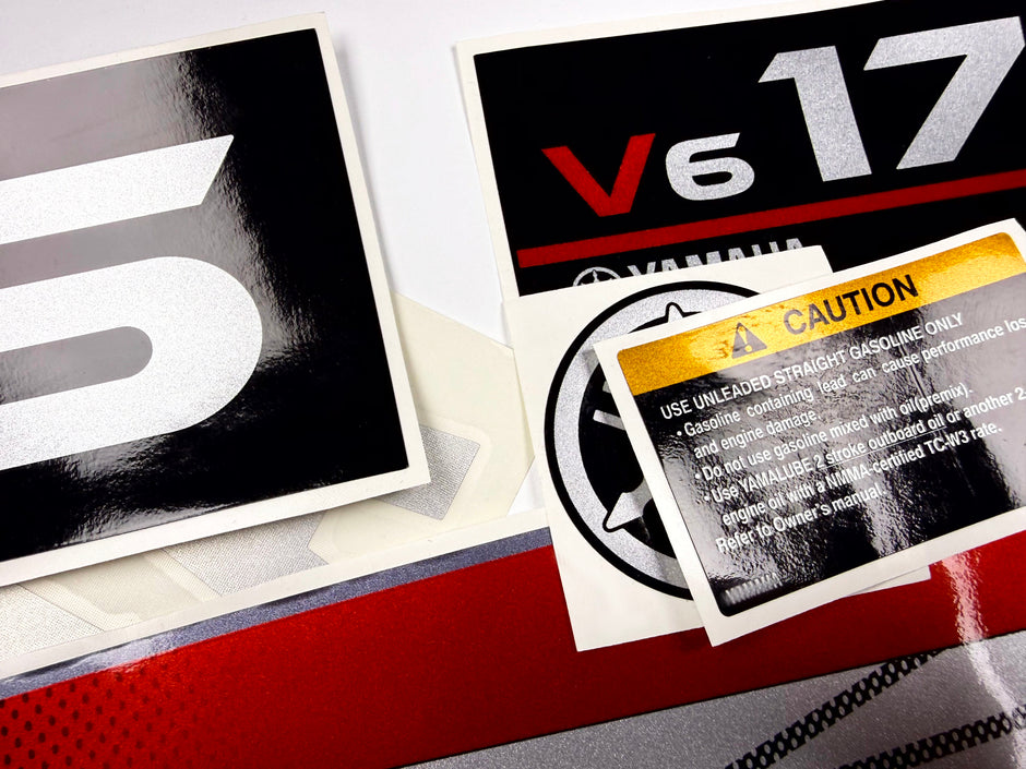 Vinyl graphic metalized silver whith red shimmer decals set suitable for Yamaha 175 hp two stroke outboard engine. Vinyl stickers kit for Yamaha 175 hp two stroke Handmade
