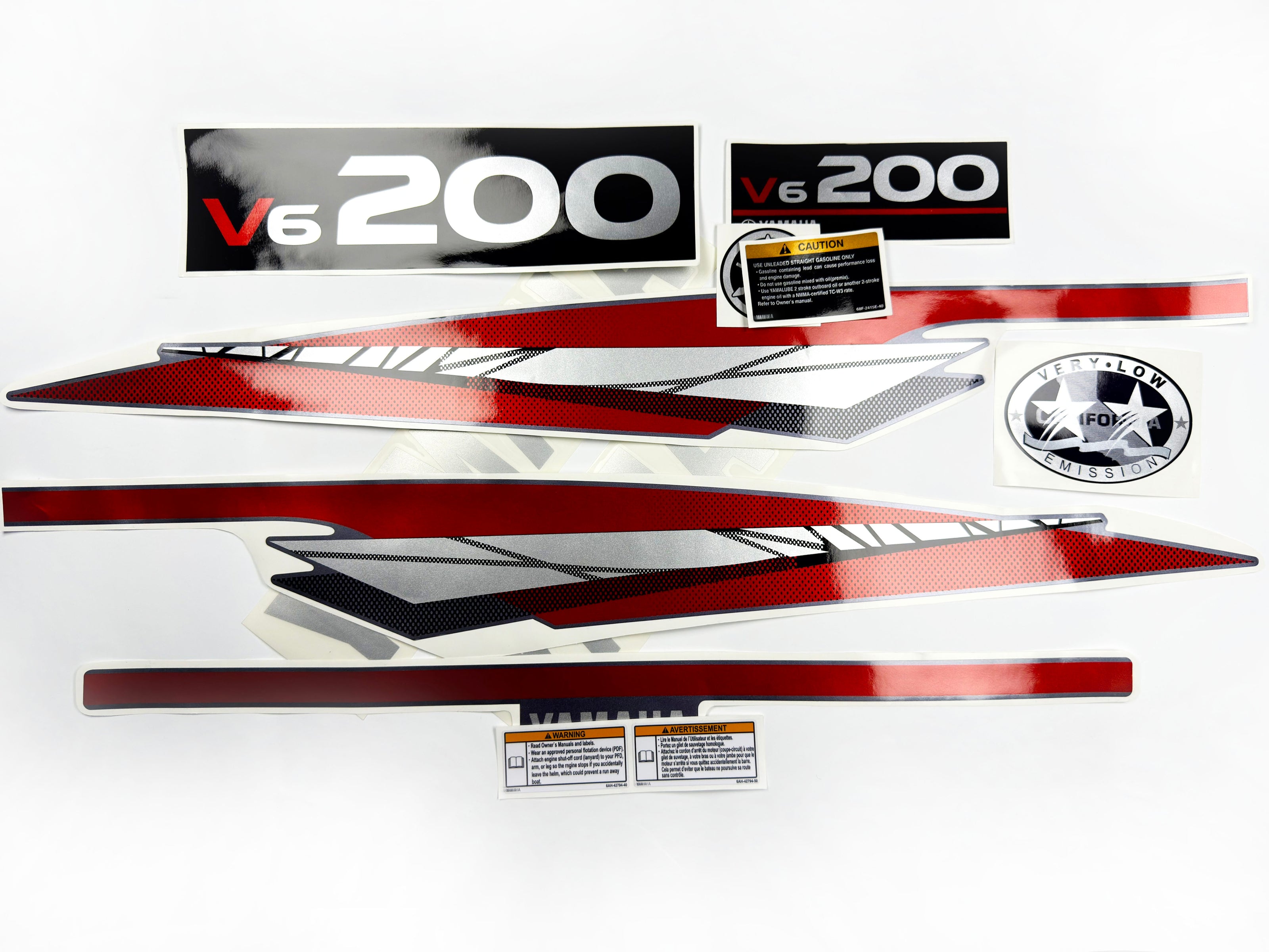 Vinyl graphic metalized silver whith red shimmer decals set suitable for Yamaha 200 hp two stroke outboard engine. Vinyl stickers kit for Yamaha 200 hp two stroke Handmade