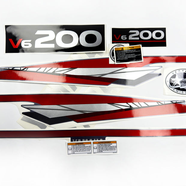 Vinyl graphic metalized silver whith red shimmer decals set suitable for Yamaha 200 hp two stroke outboard engine. Vinyl stickers kit for Yamaha 200 hp two stroke Handmade