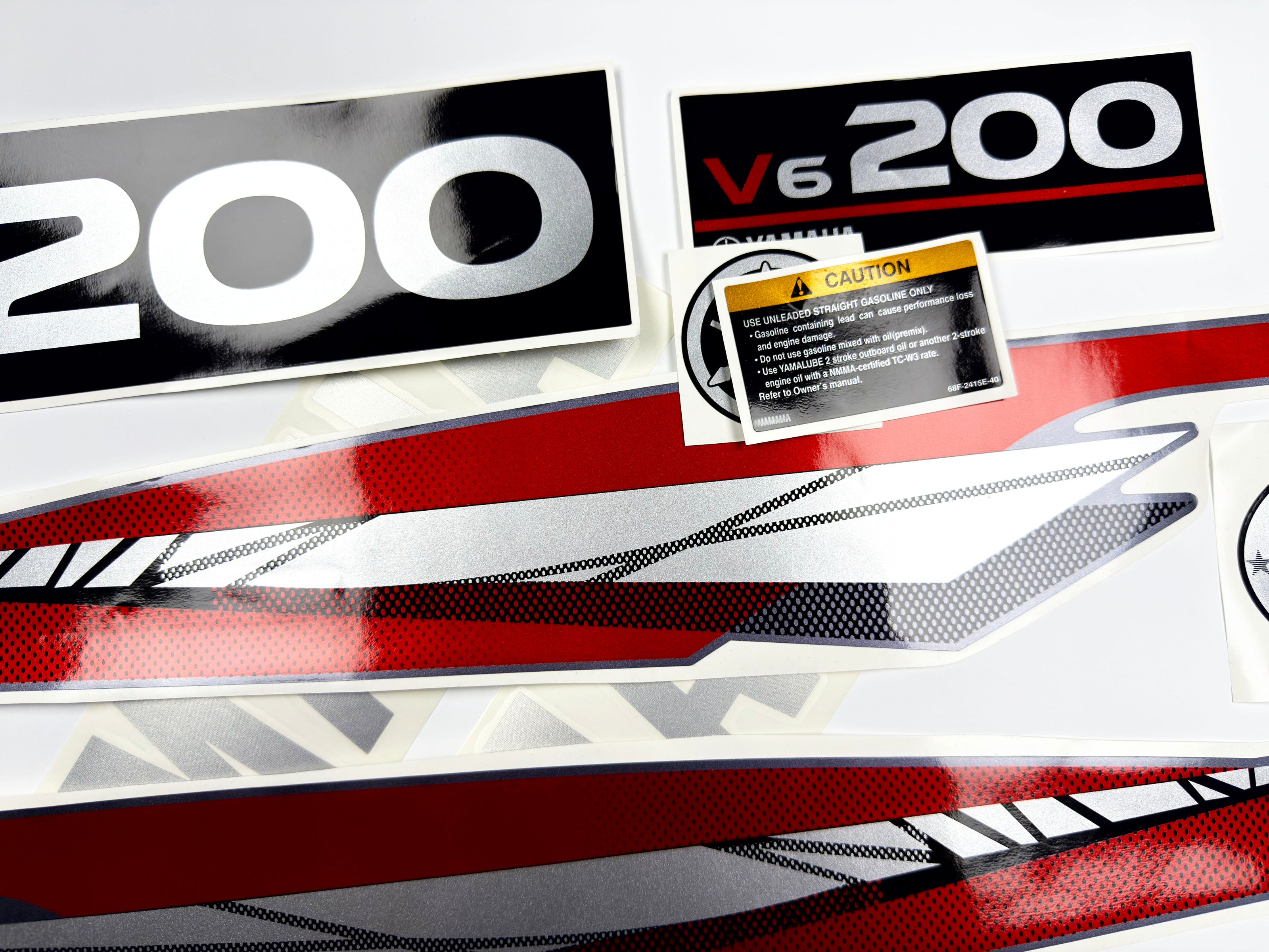Vinyl graphic metalized silver whith red shimmer decals set suitable for Yamaha 200 hp two stroke outboard engine. Vinyl stickers kit for Yamaha 200 hp two stroke Handmade