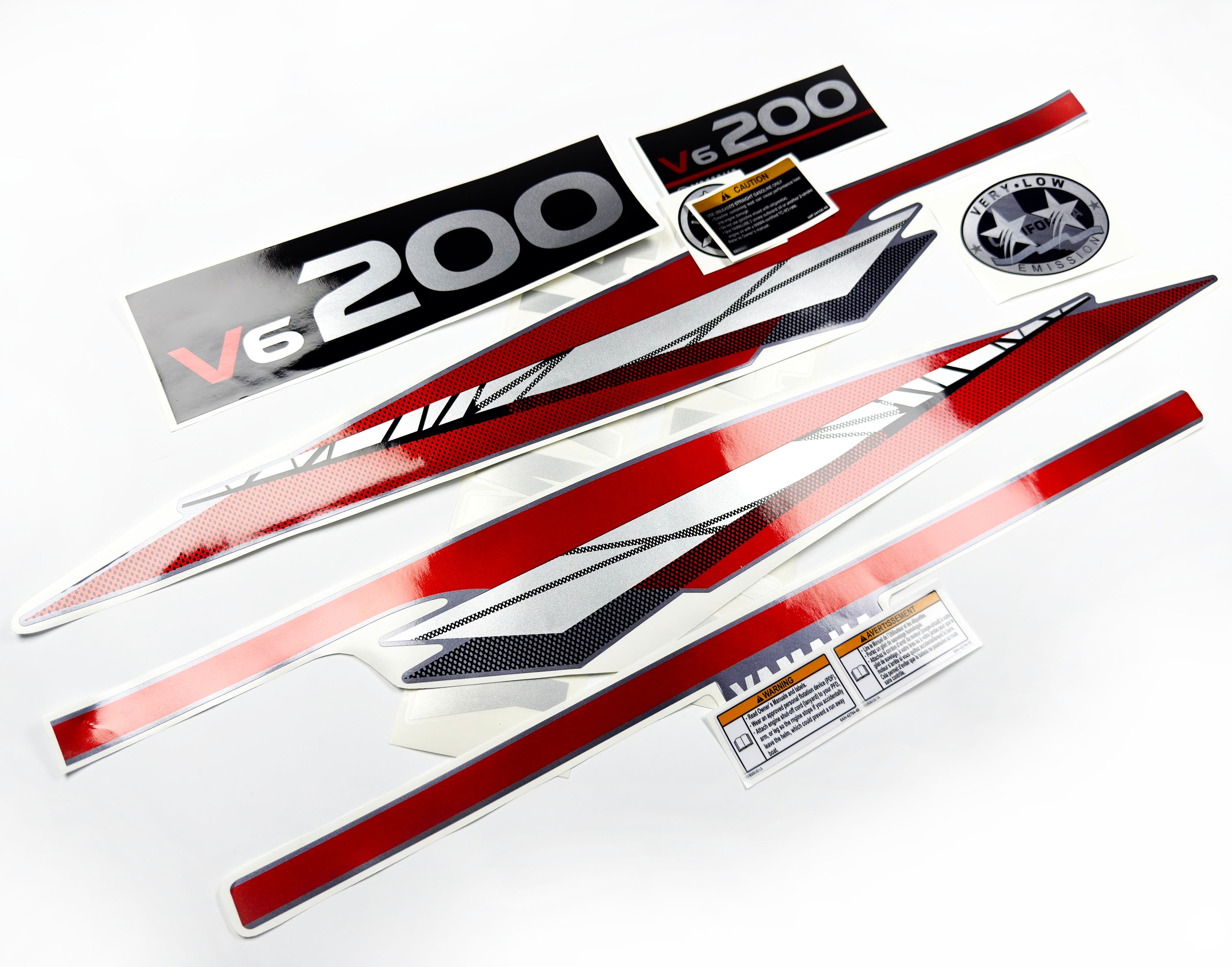 Vinyl graphic metalized silver whith red shimmer decals set suitable for Yamaha 200 hp two stroke outboard engine. Vinyl stickers kit for Yamaha 200 hp two stroke Handmade