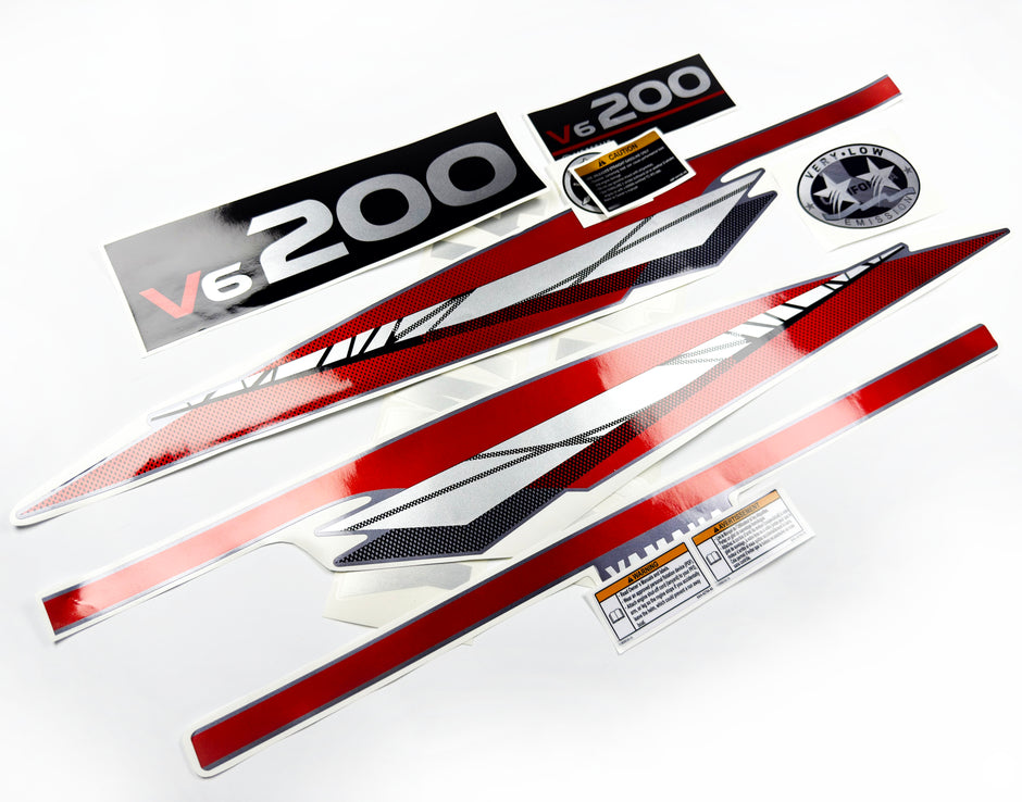 Vinyl graphic metalized silver whith red shimmer decals set suitable for Yamaha 200 hp two stroke outboard engine. Vinyl stickers kit for Yamaha 200 hp two stroke Handmade