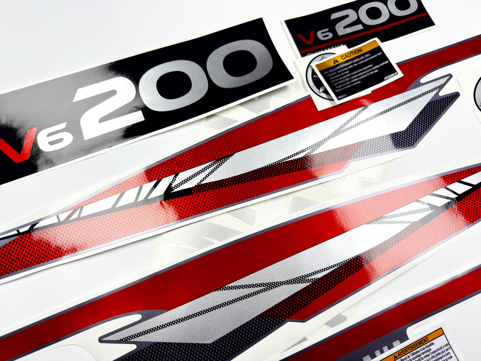 Vinyl graphic metalized silver whith red shimmer decals set suitable for Yamaha 200 hp two stroke outboard engine. Vinyl stickers kit for Yamaha 200 hp two stroke Handmade