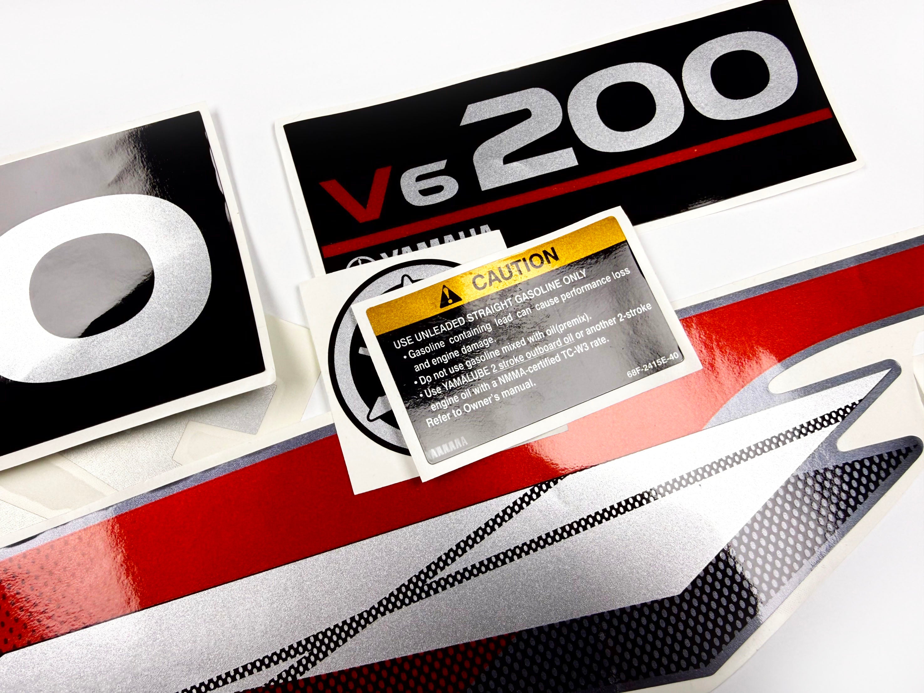 Vinyl graphic metalized silver whith red shimmer decals set suitable for Yamaha 200 hp two stroke outboard engine. Vinyl stickers kit for Yamaha 200 hp two stroke Handmade