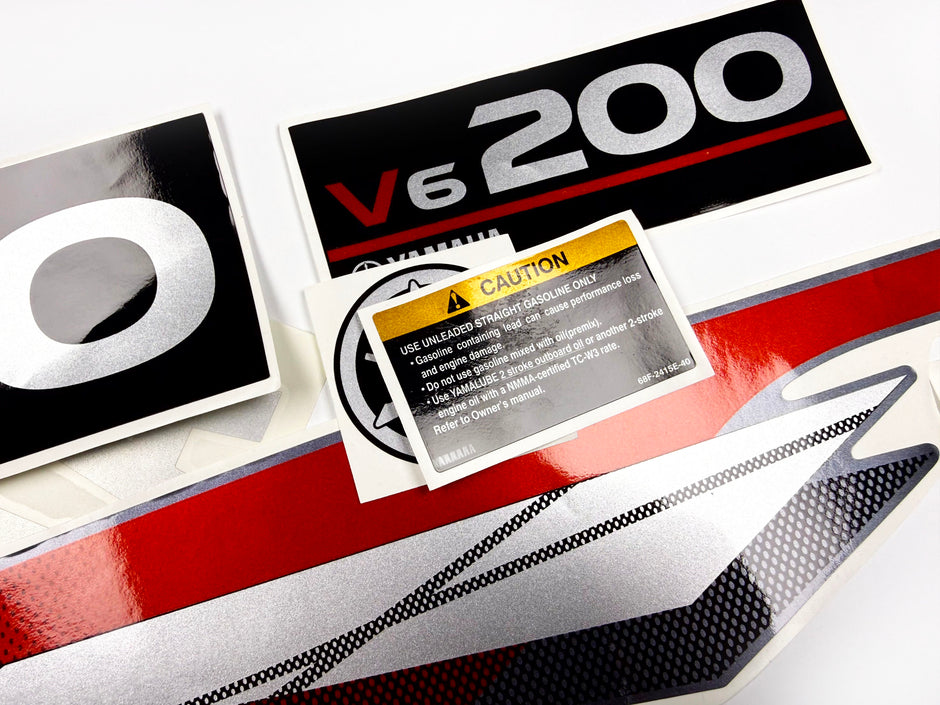 Vinyl graphic metalized silver whith red shimmer decals set suitable for Yamaha 200 hp two stroke outboard engine. Vinyl stickers kit for Yamaha 200 hp two stroke Handmade