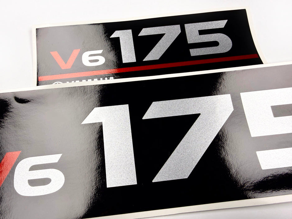 Vinyl graphic metalized silver whith red shimmer decals set suitable for Yamaha 175 hp two stroke outboard engine. Vinyl stickers kit for Yamaha 175 hp two stroke Handmade
