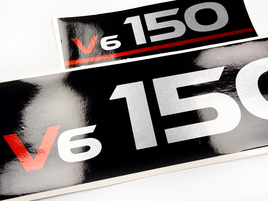 Vinyl graphic metalized silver whith red shimmer decals set suitable for Yamaha 150 hp two stroke outboard engine. Vinyl stickers kit for Yamaha 150 hp two stroke Handmade