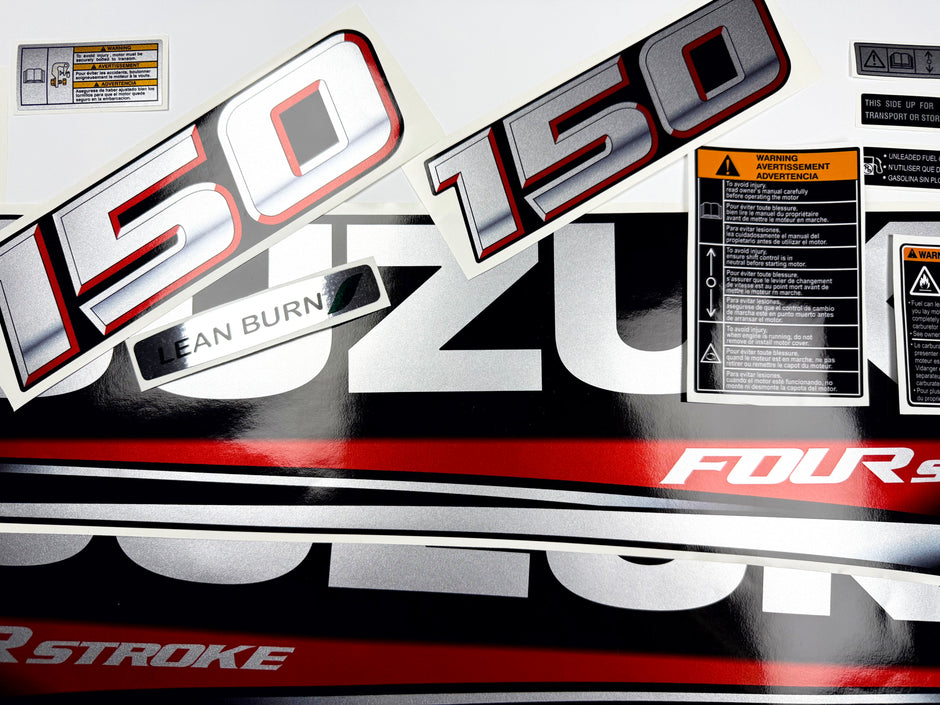 Vinyl graphic silver metalized shimmer decals set suitable for Suzuki 150 hp four stroke outboard engine. Vinyl stickers kit for suzuki 150 hp four stroke Handmade