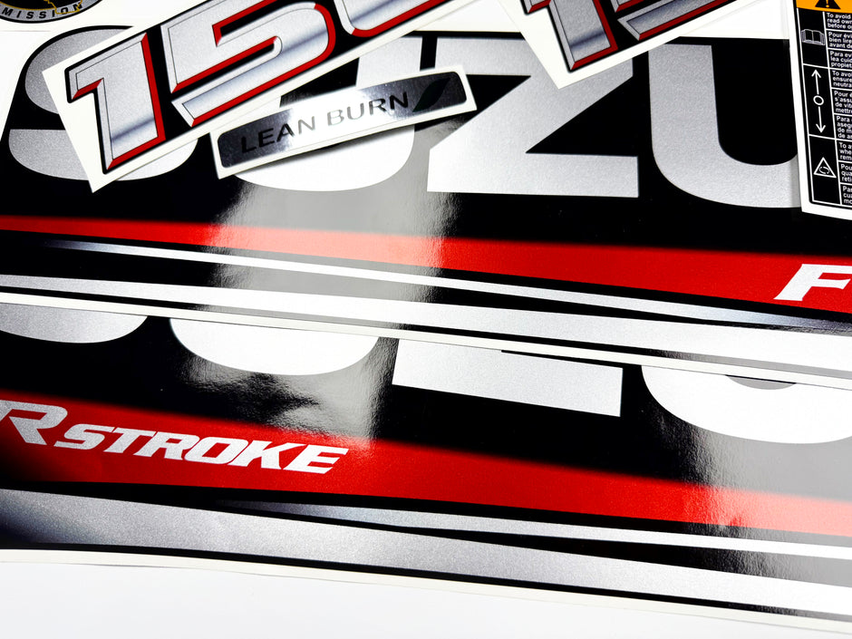 Vinyl graphic silver metalized shimmer decals set suitable for Suzuki 150 hp four stroke outboard engine. Vinyl stickers kit for suzuki 150 hp four stroke Handmade