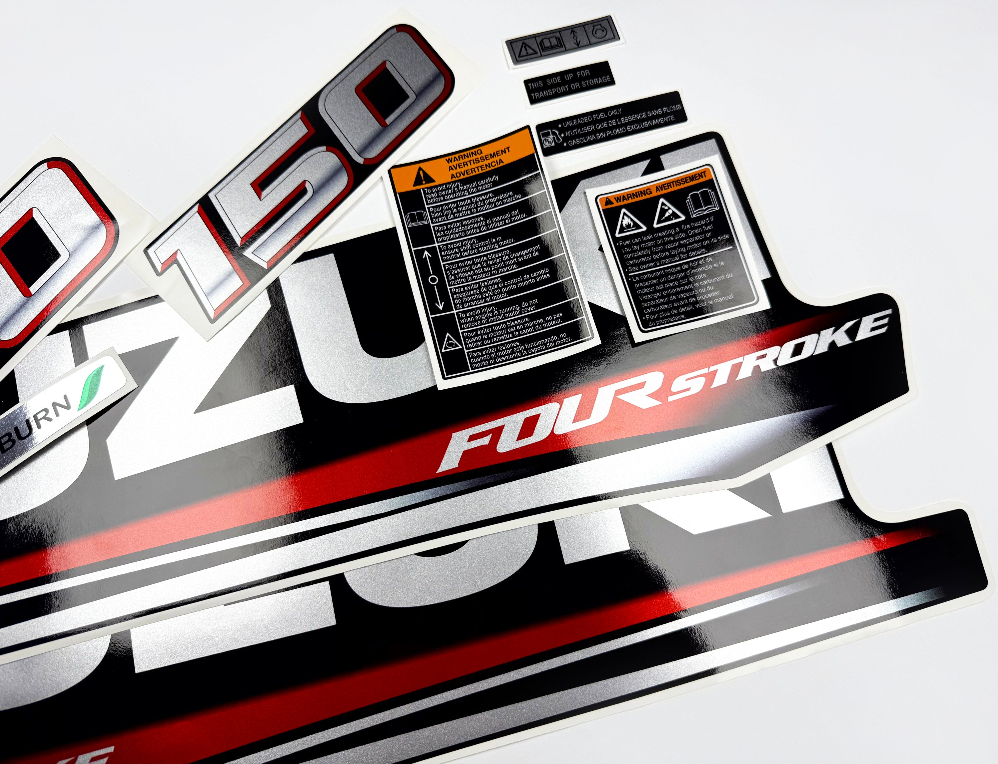 Vinyl graphic silver metalized shimmer decals set suitable for Suzuki 150 hp four stroke outboard engine. Vinyl stickers kit for suzuki 150 hp four stroke Handmade