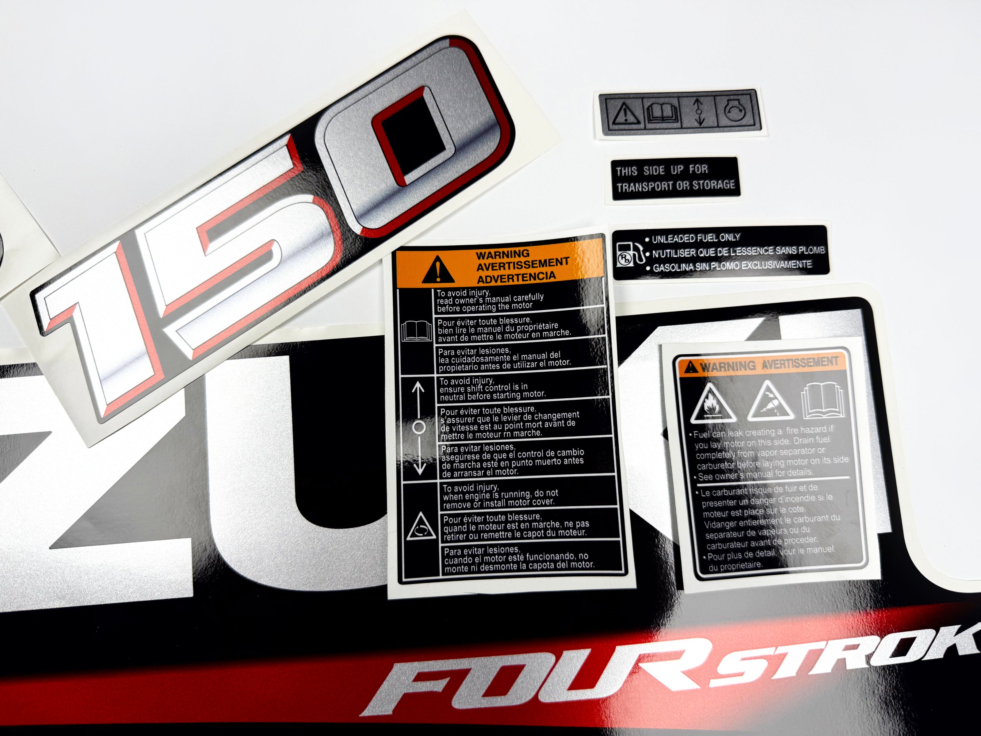 Vinyl graphic silver metalized shimmer decals set suitable for Suzuki 150 hp four stroke outboard engine. Vinyl stickers kit for suzuki 150 hp four stroke Handmade
