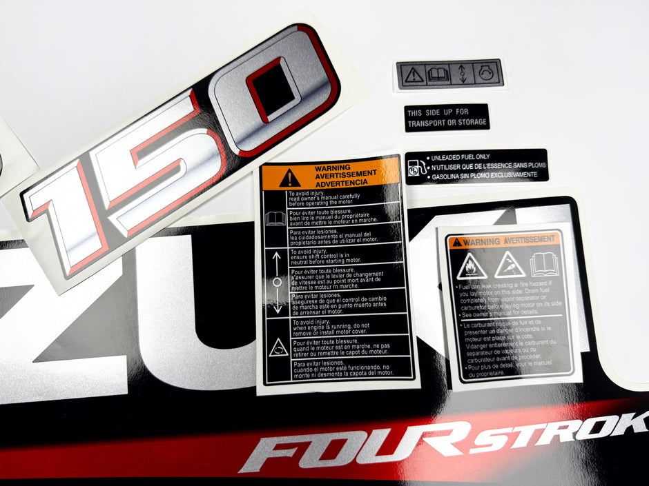 Vinyl graphic silver metalized shimmer decals set suitable for Suzuki 150 hp four stroke outboard engine. Vinyl stickers kit for suzuki 150 hp four stroke Handmade
