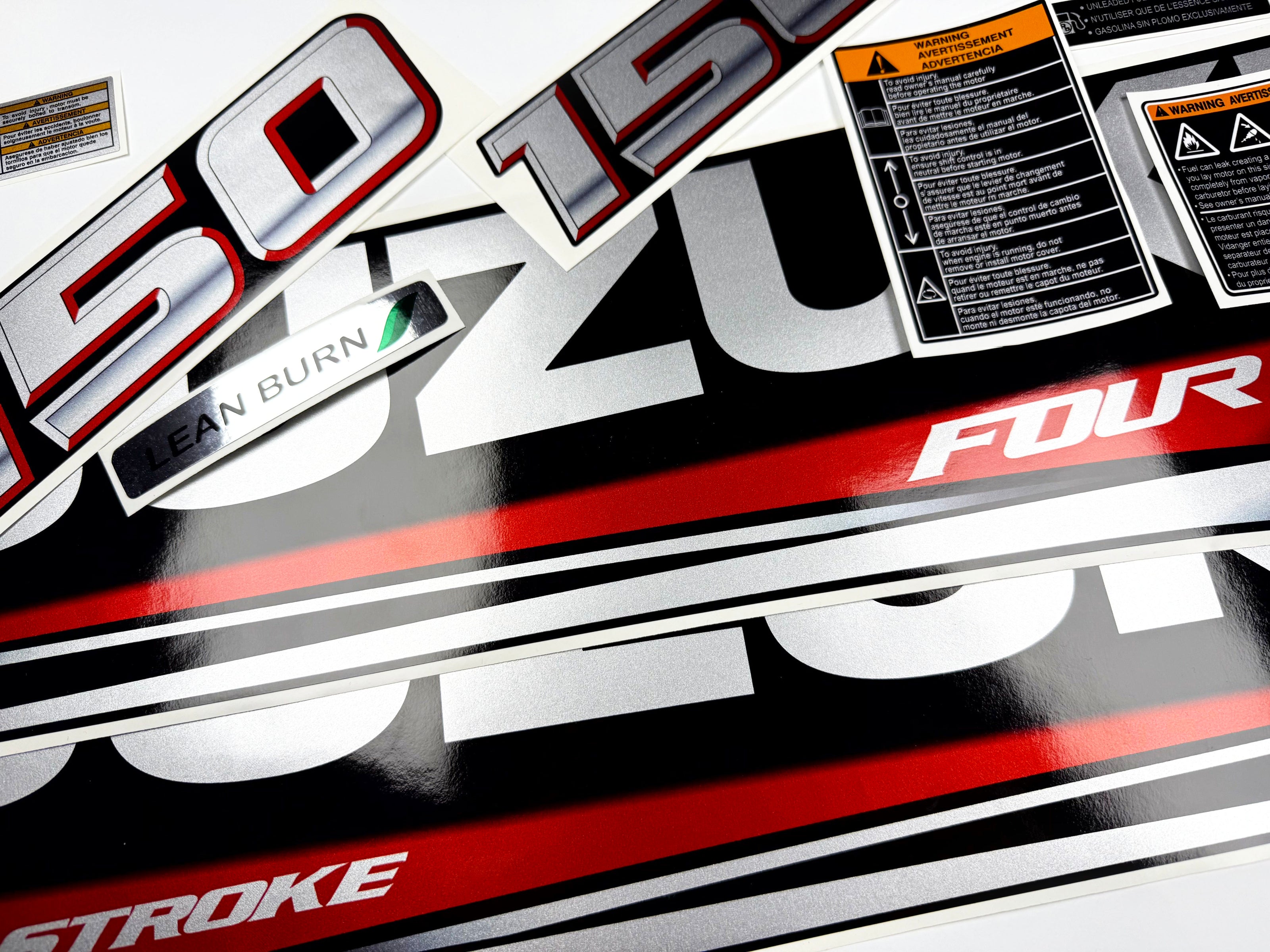 Vinyl graphic silver metalized shimmer decals set suitable for Suzuki 150 hp four stroke outboard engine. Vinyl stickers kit for suzuki 150 hp four stroke Handmade