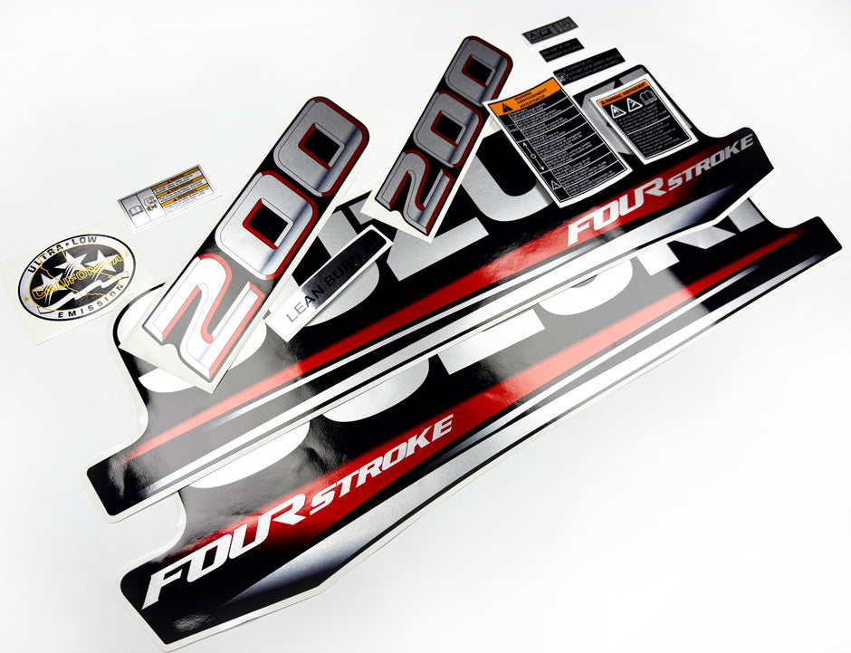Vinyl graphic silver metalized shimmer decals set suitable for Suzuki 200 hp four stroke outboard engine. Vinyl stickers kit for suzuki 200 hp four stroke Handmade