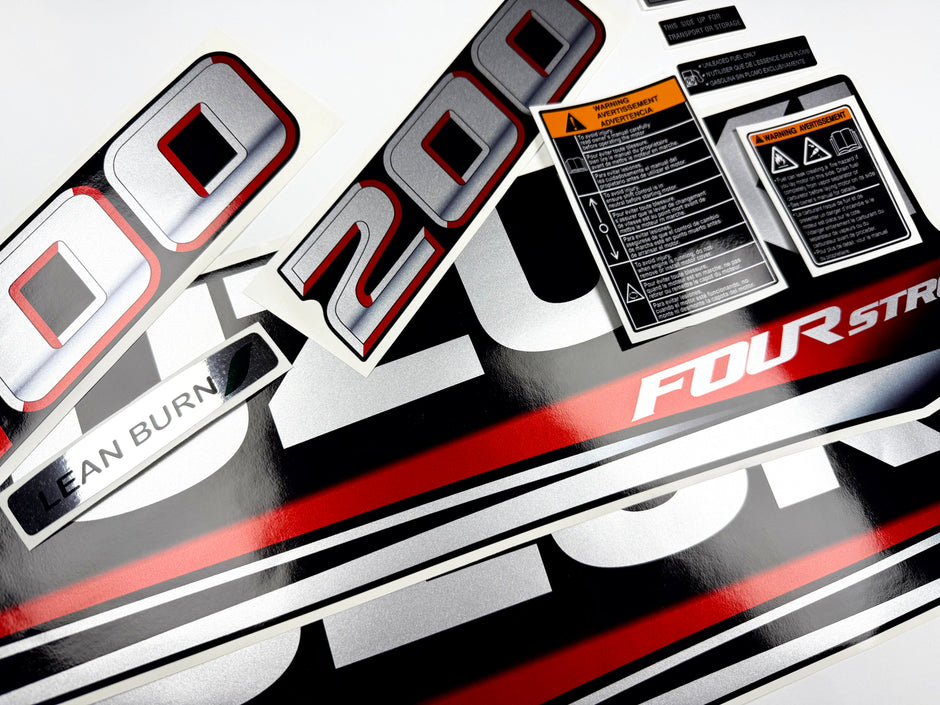 Vinyl graphic silver metalized shimmer decals set suitable for Suzuki 200 hp four stroke outboard engine. Vinyl stickers kit for suzuki 200 hp four stroke Handmade