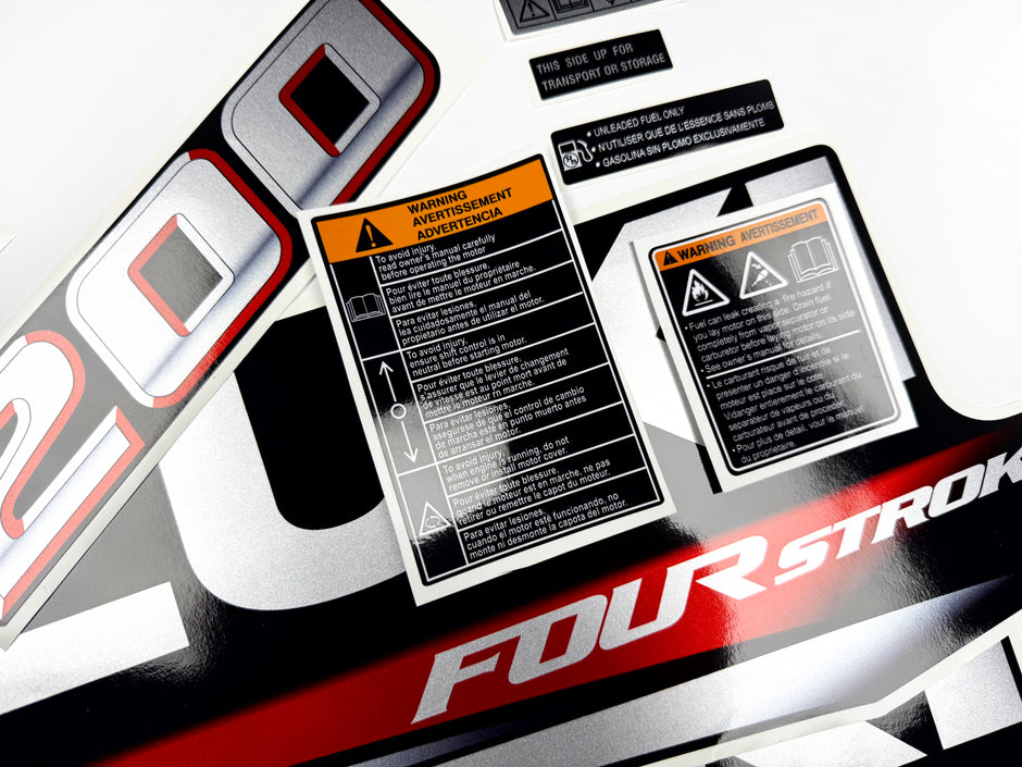 Vinyl graphic silver metalized shimmer decals set suitable for Suzuki 200 hp four stroke outboard engine. Vinyl stickers kit for suzuki 200 hp four stroke Handmade