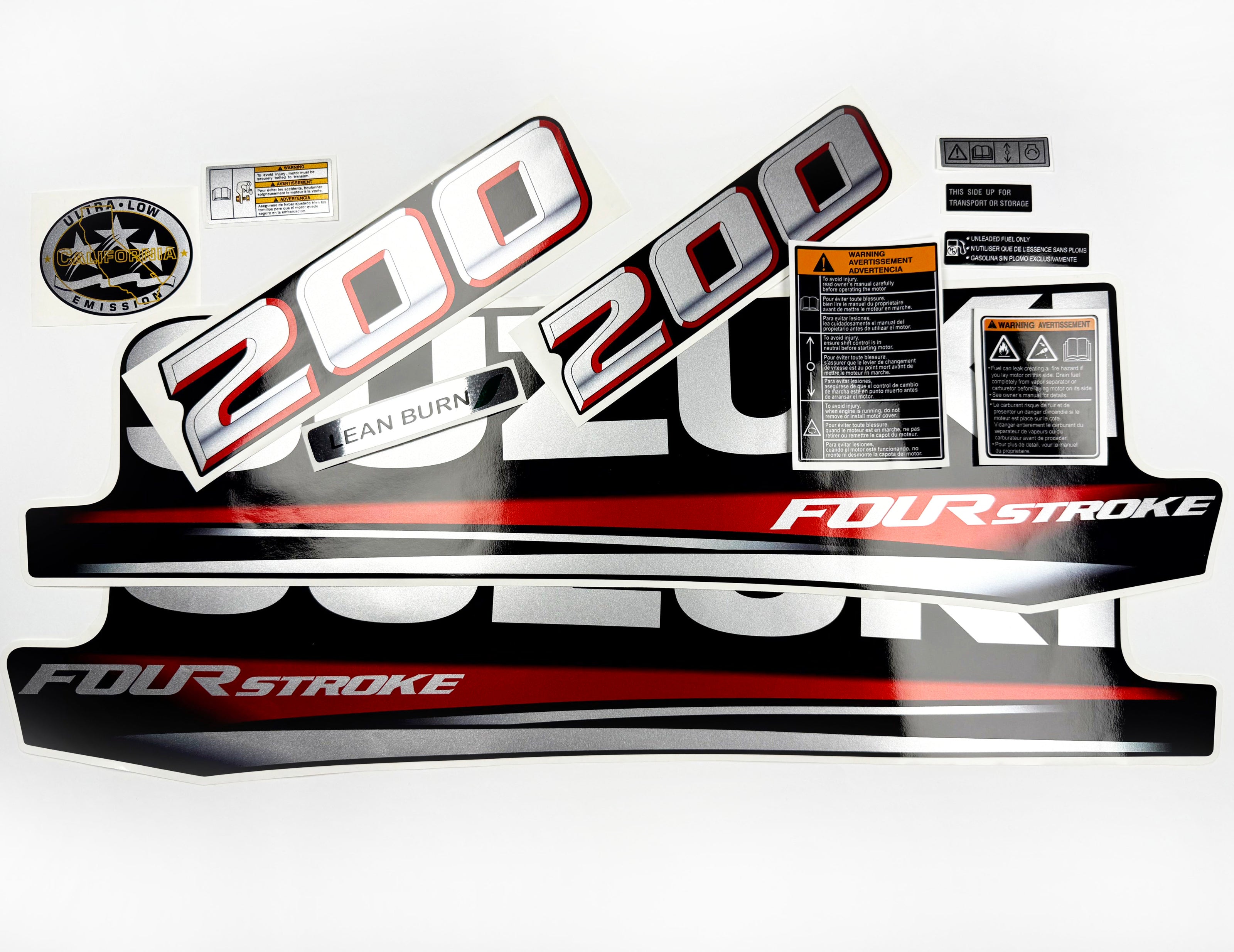 Vinyl graphic silver metalized shimmer decals set suitable for Suzuki 200 hp four stroke outboard engine. Vinyl stickers kit for suzuki 200 hp four stroke Handmade