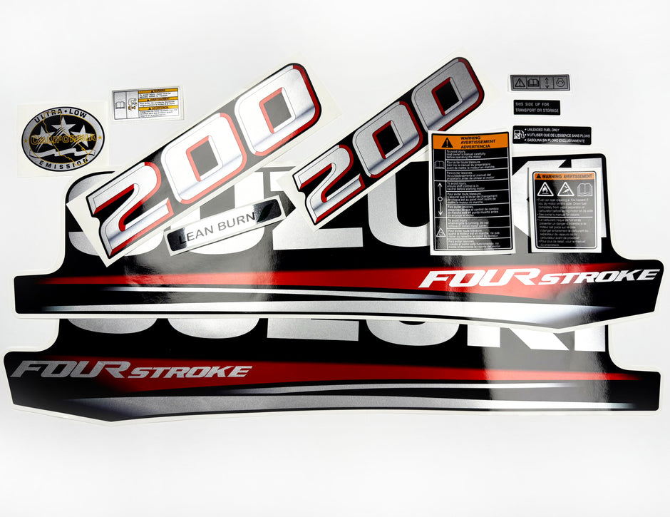 Vinyl graphic silver metalized shimmer decals set suitable for Suzuki 200 hp four stroke outboard engine. Vinyl stickers kit for suzuki 200 hp four stroke Handmade