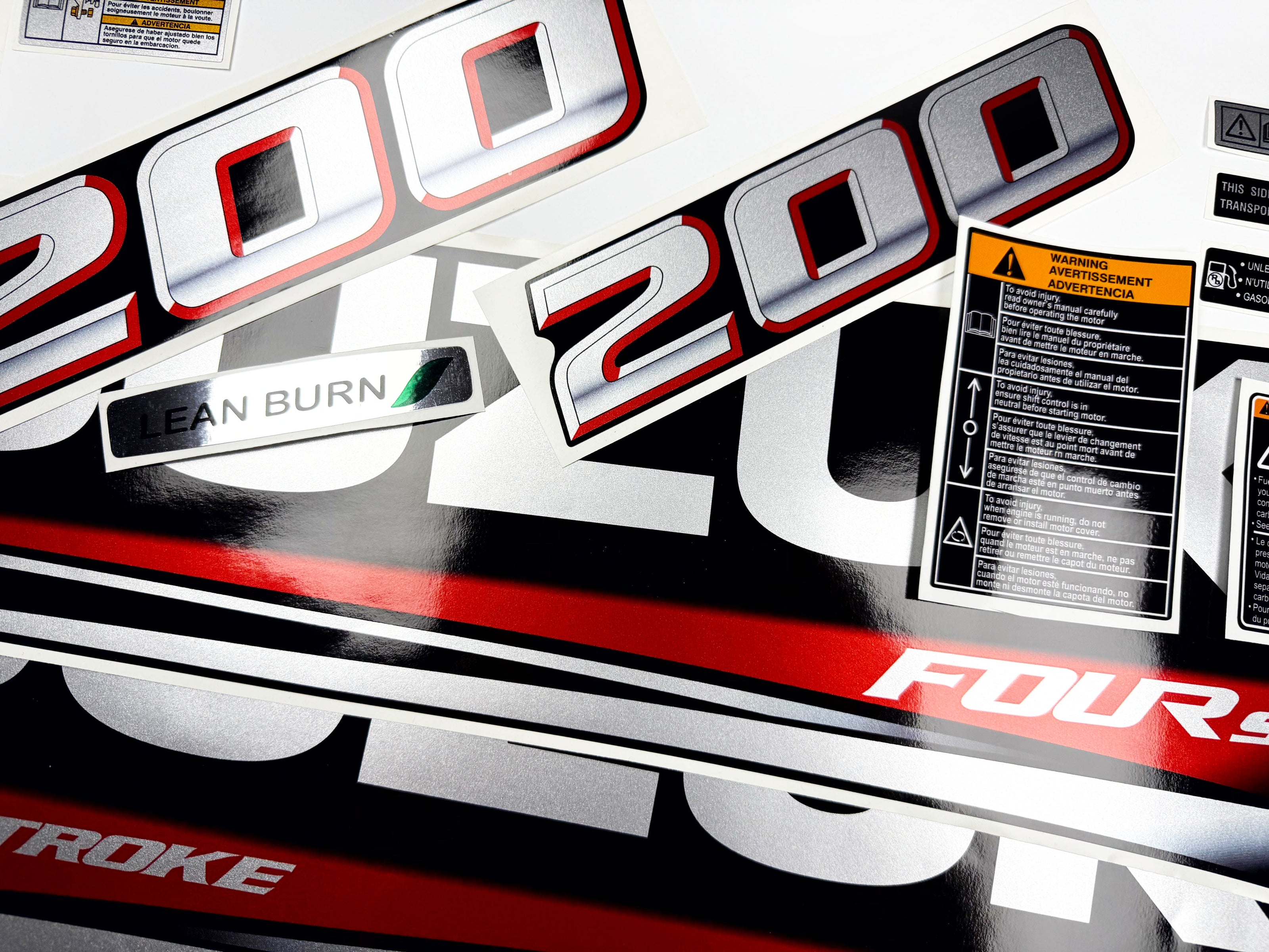 Vinyl graphic silver metalized shimmer decals set suitable for Suzuki 200 hp four stroke outboard engine. Vinyl stickers kit for suzuki 200 hp four stroke Handmade