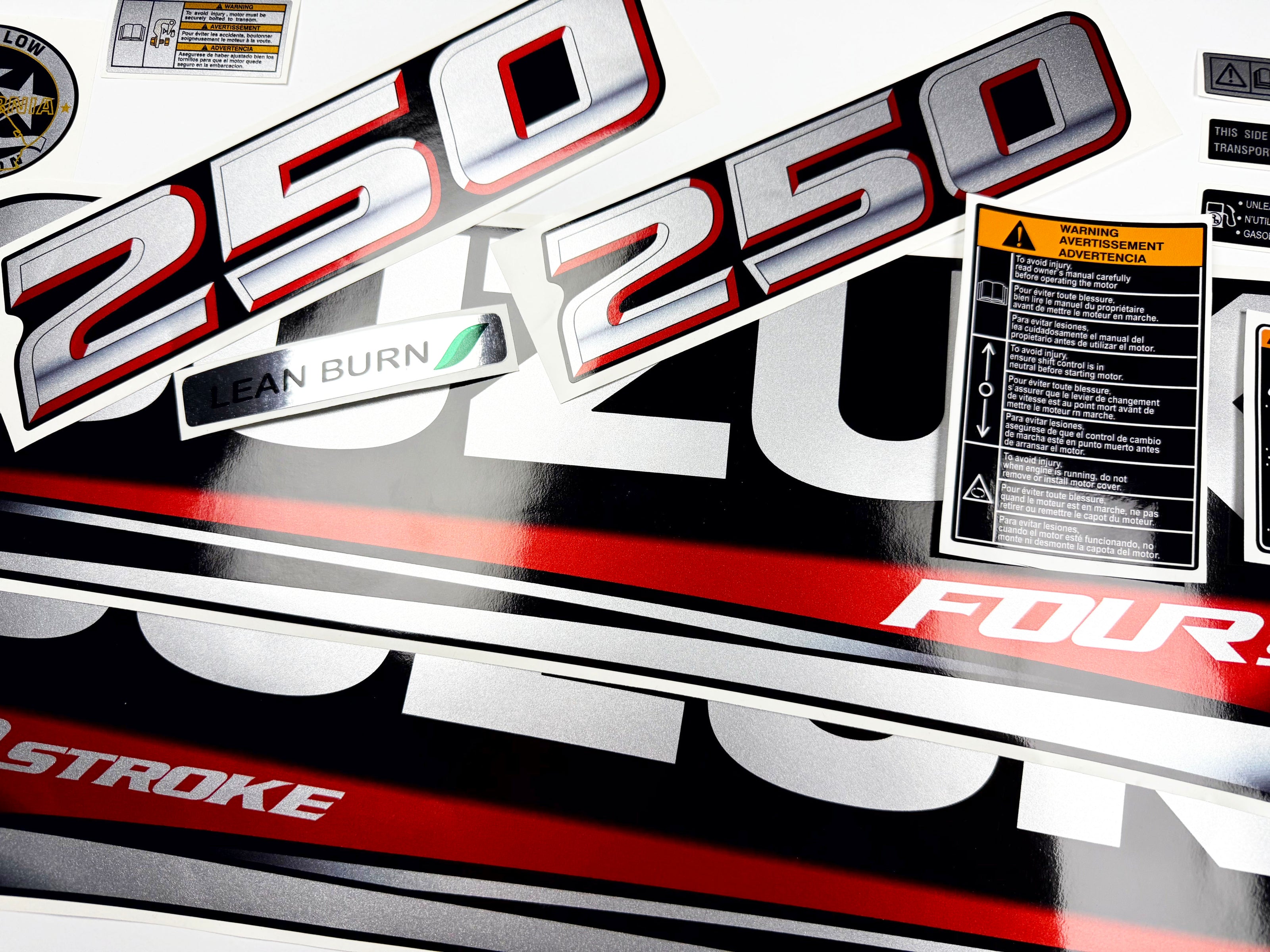 Vinyl graphic silver metalized shimmer decals set suitable for Suzuki 250 hp four stroke outboard engine. Vinyl stickers kit for suzuki 250 hp four stroke Handmade