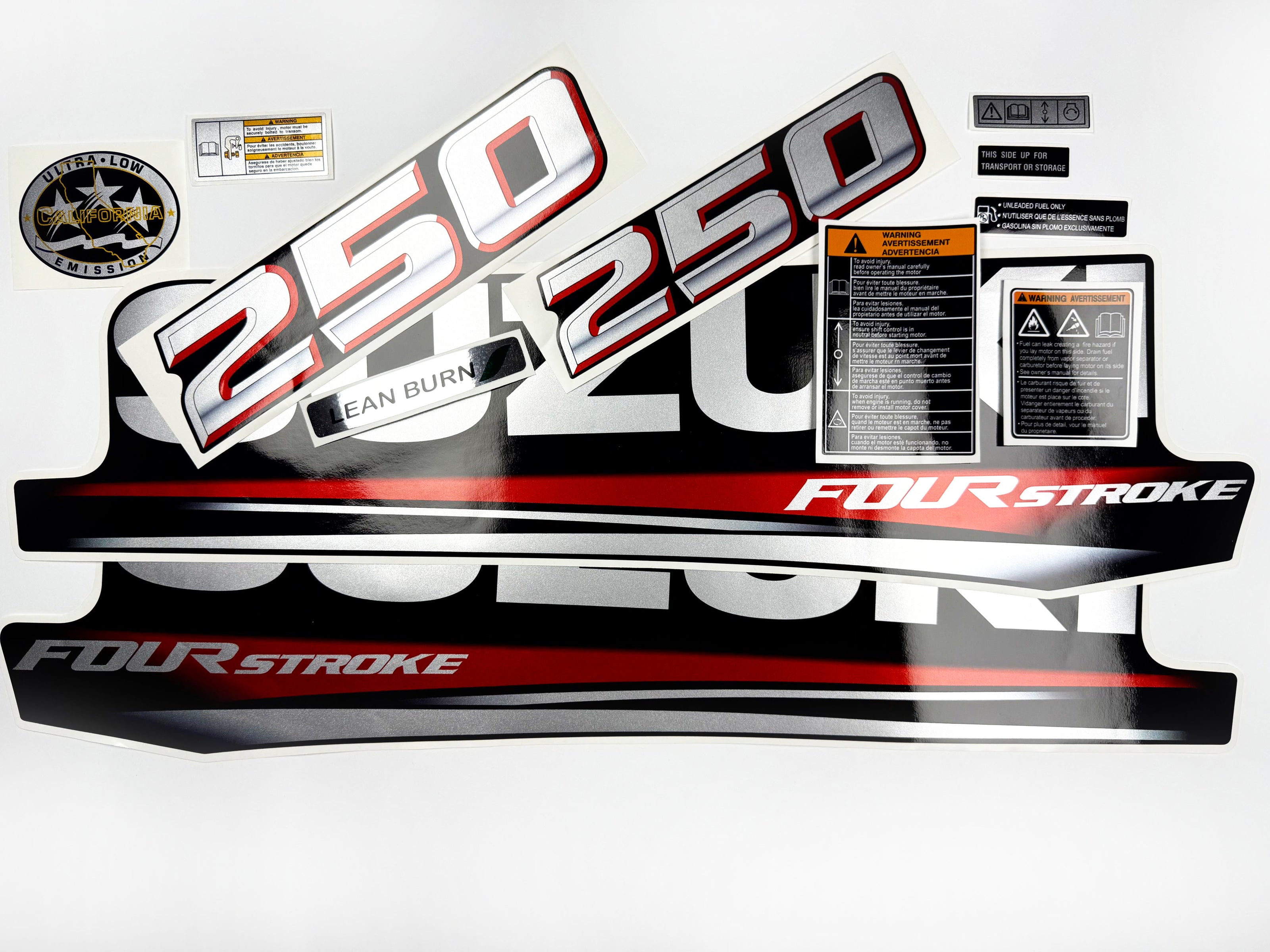 Vinyl graphic silver metalized shimmer decals set suitable for Suzuki 250 hp four stroke outboard engine. Vinyl stickers kit for suzuki 250 hp four stroke Handmade
