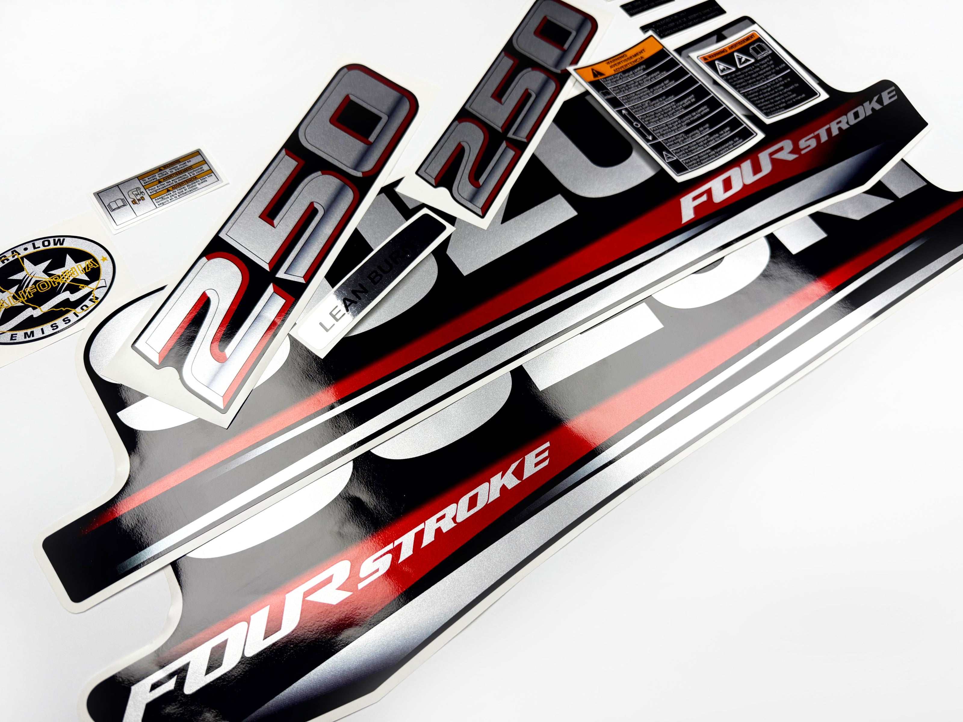 Vinyl graphic silver metalized shimmer decals set suitable for Suzuki 250 hp four stroke outboard engine. Vinyl stickers kit for suzuki 250 hp four stroke Handmade