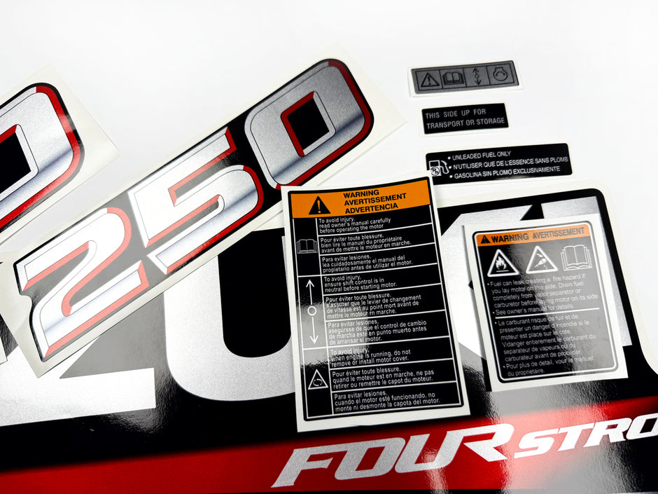 Vinyl graphic silver metalized shimmer decals set suitable for Suzuki 250 hp four stroke outboard engine. Vinyl stickers kit for suzuki 250 hp four stroke Handmade