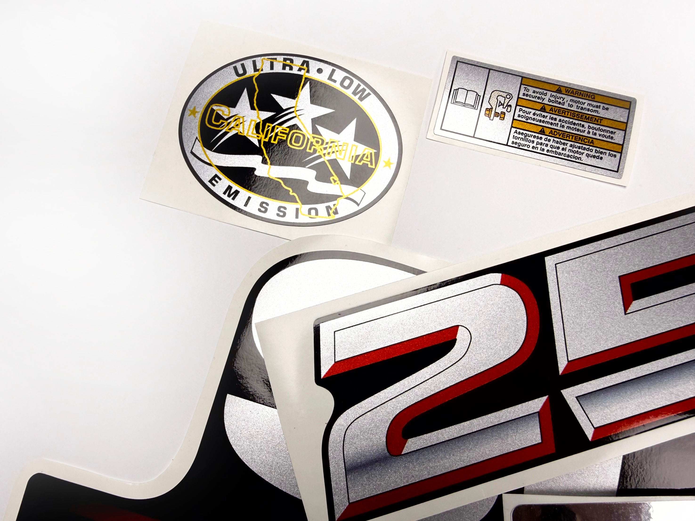 Vinyl graphic silver metalized shimmer decals set suitable for Suzuki 250 hp four stroke outboard engine. Vinyl stickers kit for suzuki 250 hp four stroke Handmade