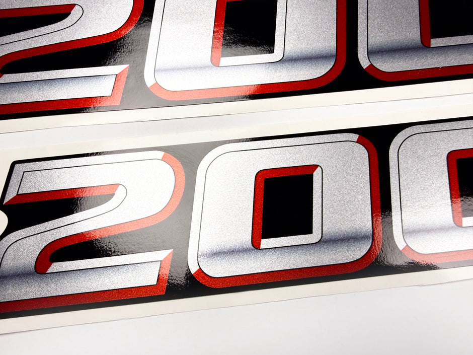Vinyl graphic silver metalized shimmer decal numbers set suitable for Suzuki 200 hp four stroke outboard engine. Vinyl stickers number for suzuki 200 hp four stroke Handmade