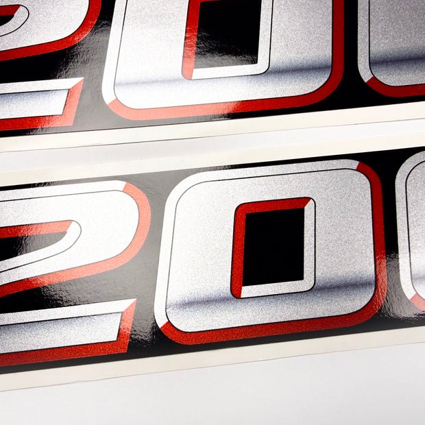 Vinyl graphic silver metalized shimmer decal numbers set suitable for Suzuki 200 hp four stroke outboard engine. Vinyl stickers number for suzuki 200 hp four stroke Handmade