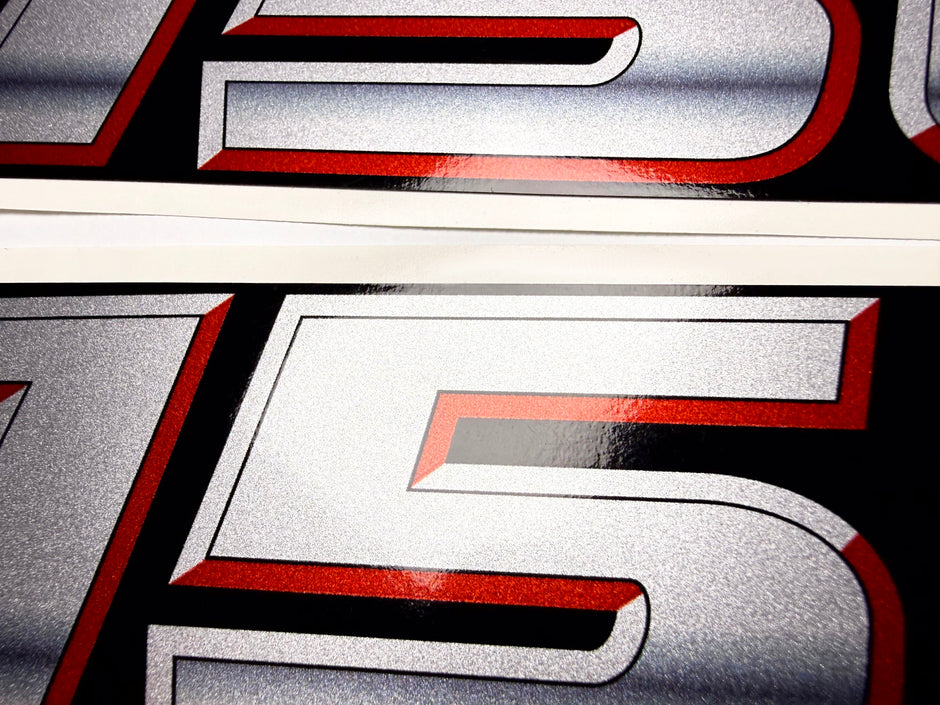 Vinyl graphic silver metalized shimmer decal numbers set suitable for Suzuki 150 hp four stroke outboard engine. Vinyl stickers number for suzuki 150 hp four stroke Handmade