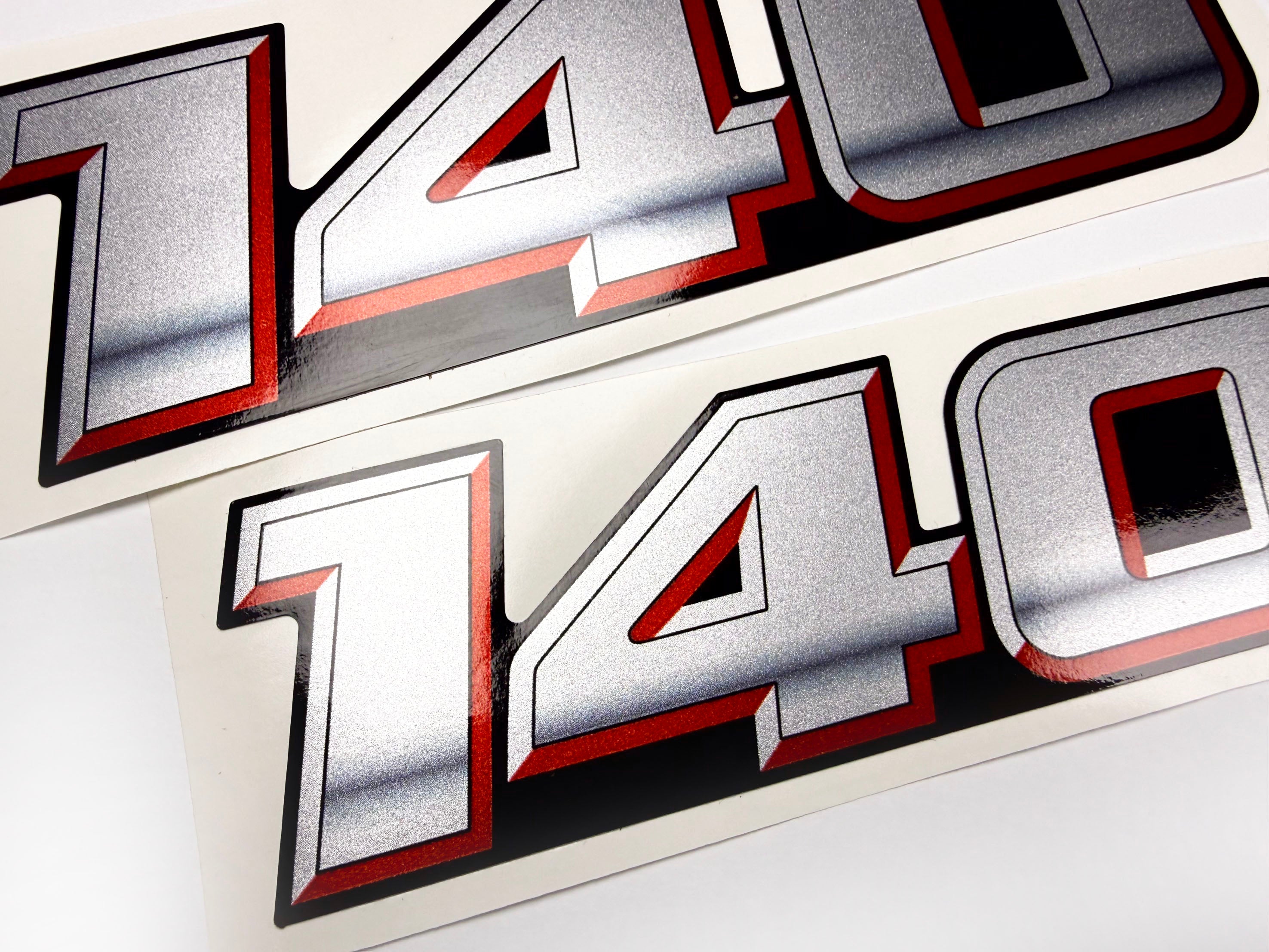 Vinyl graphic silver metalized shimmer decal numbers set suitable for Suzuki 140 hp four stroke outboard engine. Vinyl stickers number for suzuki 140 hp four stroke Handmade