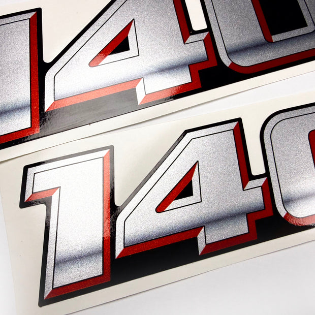 Vinyl graphic silver metalized shimmer decal numbers set suitable for Suzuki 140 hp four stroke outboard engine. Vinyl stickers number for suzuki 140 hp four stroke Handmade