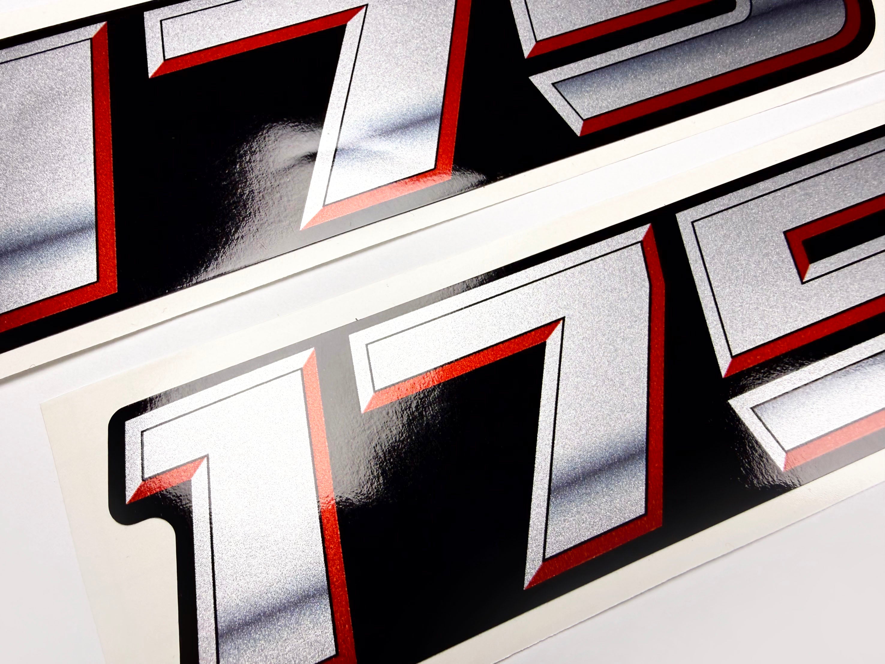 Vinyl graphic silver metalized shimmer decal numbers set suitable for Suzuki 175 hp four stroke outboard engine. Vinyl stickers number for suzuki 175 hp four stroke Handmade
