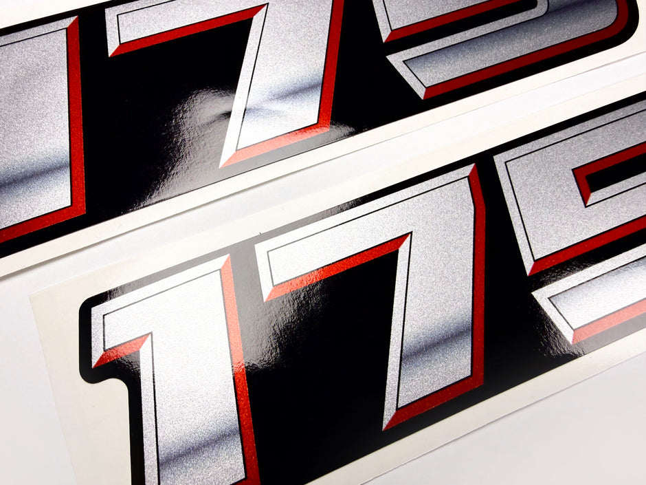 Vinyl graphic silver metalized shimmer decal numbers set suitable for Suzuki 175 hp four stroke outboard engine. Vinyl stickers number for suzuki 175 hp four stroke Handmade
