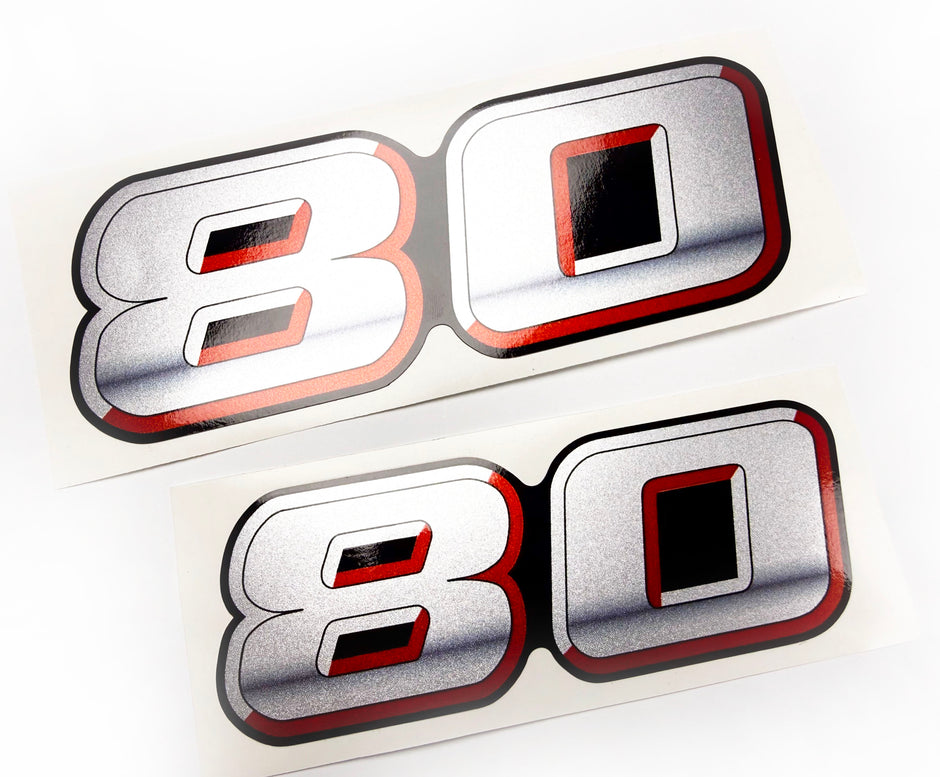 Vinyl graphic silver metalized shimmer decal numbers set suitable for Suzuki 80 hp four stroke outboard engine. Vinyl stickers number for suzuki 80 hp four stroke Handmade