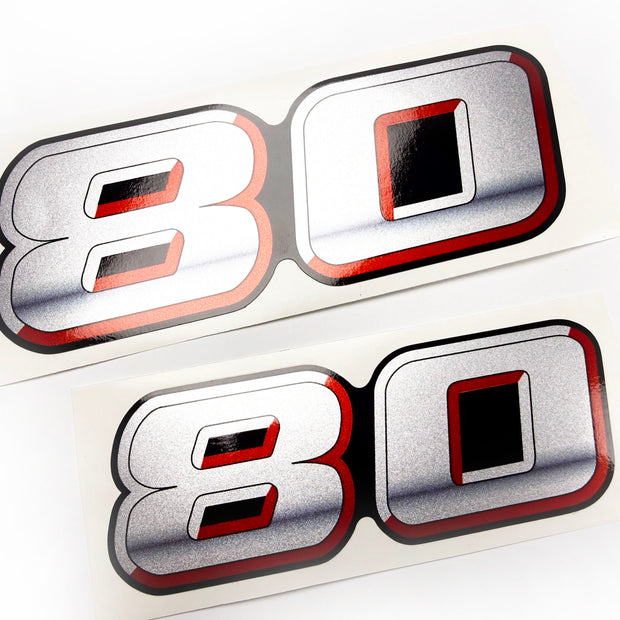 Vinyl graphic silver metalized shimmer decal numbers set suitable for Suzuki 80 hp four stroke outboard engine. Vinyl stickers number for suzuki 80 hp four stroke Handmade