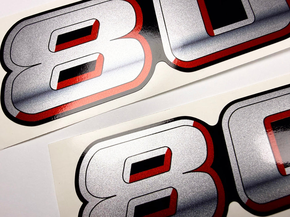 Vinyl graphic silver metalized shimmer decal numbers set suitable for Suzuki 80 hp four stroke outboard engine. Vinyl stickers number for suzuki 80 hp four stroke Handmade